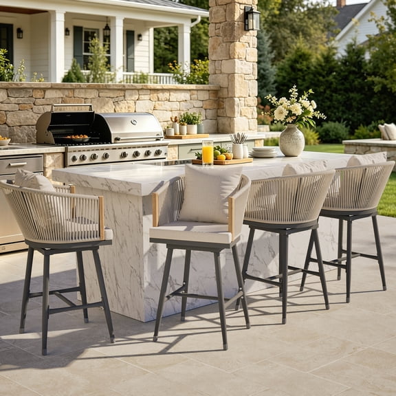 MEISSALIVVE Set of 4 Counter Height Swivel Stools, 24.4" H Rattan Woven Counter Stools with Wood Armrests, 360° Swivel Design for Kitchen, Bar and Living Area, Beige