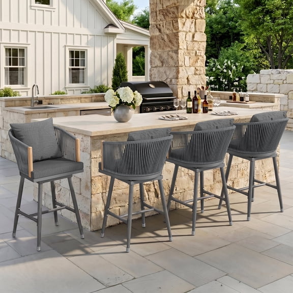 MEISSALIVVE Set of 4 Counter Height Swivel Stools, 24.4" H Rattan Woven Counter Stools with Wood Armrests, 360° Swivel Design for Kitchen, Bar and Living Area, Gray