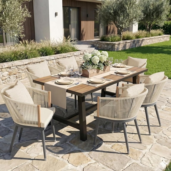 MEISSALIVVE Set of 6 Boho Dining Chairs, Wood Armrest & Hand Woven Olefin Rope Back, Removable Cushion, Indoor Kitchen & Outdoor Patio Side Chairs, Beige