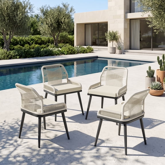 MEISSALIVVE Set of 4 Patio Dining Chair, All-Weather Outdoor Chairs with Boho Woven Rope Back & Removable Cushion, Modern Rattan Style Dining Chairs for Garden Backyard, Beige