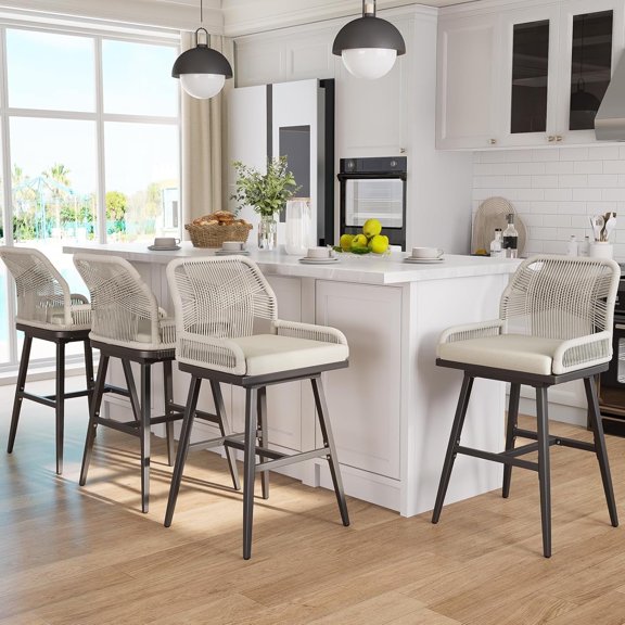 MEISSALIVVE Set of 4 Rattan Swivel Bar Stools, 26" Counter Height with Woven Rope Back, Cushioned Patio Bar Chairs for Kitchen, Garden, Beige