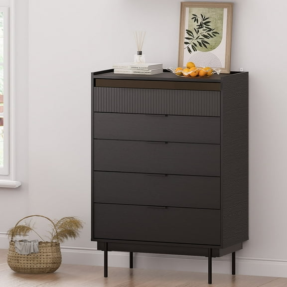 MEISSALIVVE 41"x45" Black Sideboard Buffet Cabinet with 5 Drawers, Large Modern Coffee Bar Storage Cabinet for Kitchen, Living Room, Entryway