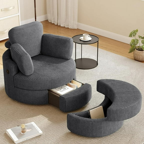 MEISSALIVVE Swivel Accent Chair with Half Moon Ottoman, Round Chairs with Drawer Storage for Living Room, 360° Barrel Chair with USB Charging Port (Gray Corduroy)