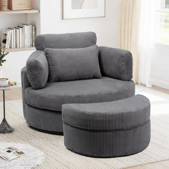 MEISSALIVVE Swivel Barrel Chair with Storage Ottoman & USB Port, 360° Lounge Chair with 4 Pillows, Corduroy Fabric, Gray Accent Chair for Living Room
