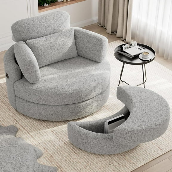MEISSALIVVE Swivel Barrel Chair with Storage Ottoman & USB Port, 360° Lounge Chair with 4 Pillows, Teddy Fabric, Gray Accent Chair for Living Room
