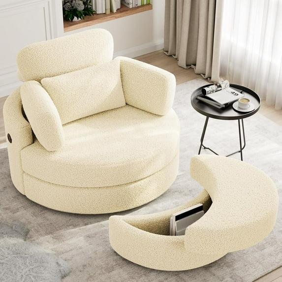MEISSALIVVE Swivel Barrel Chair with Storage Ottoman & USB Port, 360° Lounge Chair with 4 Pillows, Teddy Fabric, Beige Accent Chair for Living Room