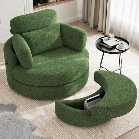 MEISSALIVVE Swivel Barrel Chair with Storage Ottoman & USB Port, 360° Lounge Chair with 4 Pillows, Teddy Fabric, Green Accent Chair for Living Room