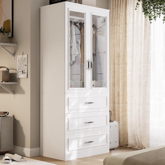 MEISSALIVVE Wardrobe Closet with 2 Doors and 3 Drawers, 74.8" Freestanding Armoire Storage Cabinet, Large Modern Bedroom Wardrobe, White