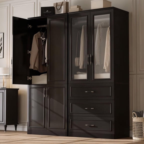 MEISSALIVVE Wardrobe Closet with 6 Doors and 3 Drawers, 74.8" Freestanding Armoire Storage Cabinet, Large Modern Bedroom Wardrobe, Black