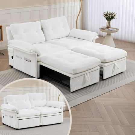 MEISSALIVVE 3-in-1 Sleeper Sofa Bed, Convertible Pull Out Couch Bed with USB Ports, Storage Pockets, Loveseat Sofa for Living Room(White)