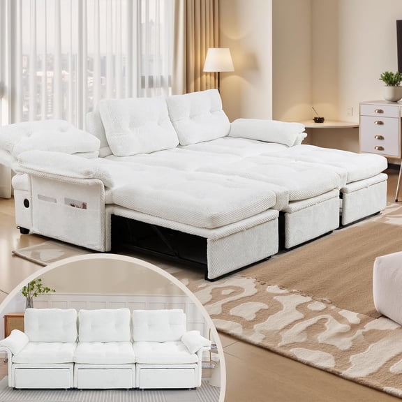 MEISSALIVVE 3-in-1 Sleeper Sofa Bed, Convertible Pull Out Couch Bed with USB Ports, Storage Pockets, 3-Seater Sofa for Living Room(White)
