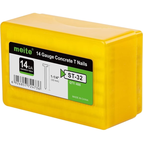 800 Pcs MEITE 14 Gauge Concrete T Nails for Pneumatic Concrete Nailer Gun - 1-1/4" Length Galvanized Finish Nails (2 Boxes)