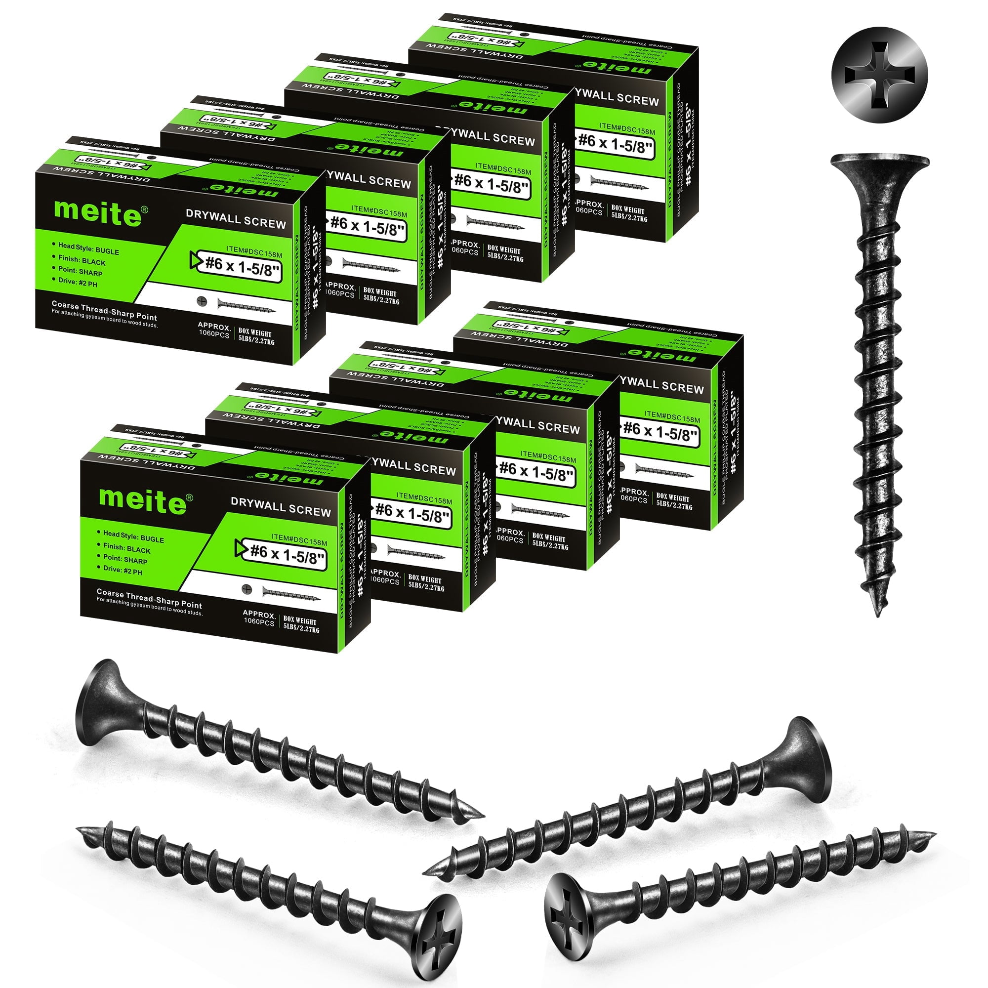 MEITE Drywall Screws, #6 x 1-5/8" Coarse Thread Wood Screws for Drywall, Wood and Furniture (40 LBS)