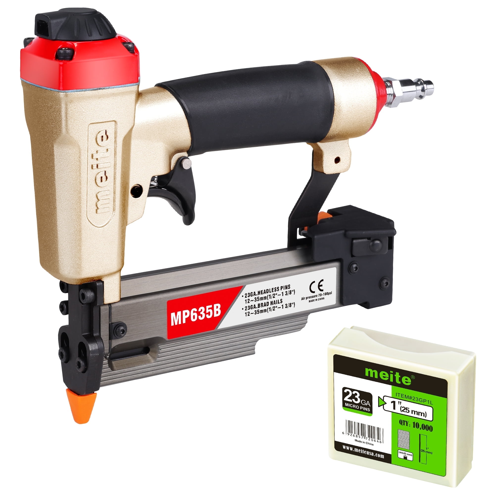 MEITE MP635B Pin Nailer with 10,000pcs 1" Pin Nails, Fits 1/2" to 1-3/8" 23 GA Pin Nails for Paneling