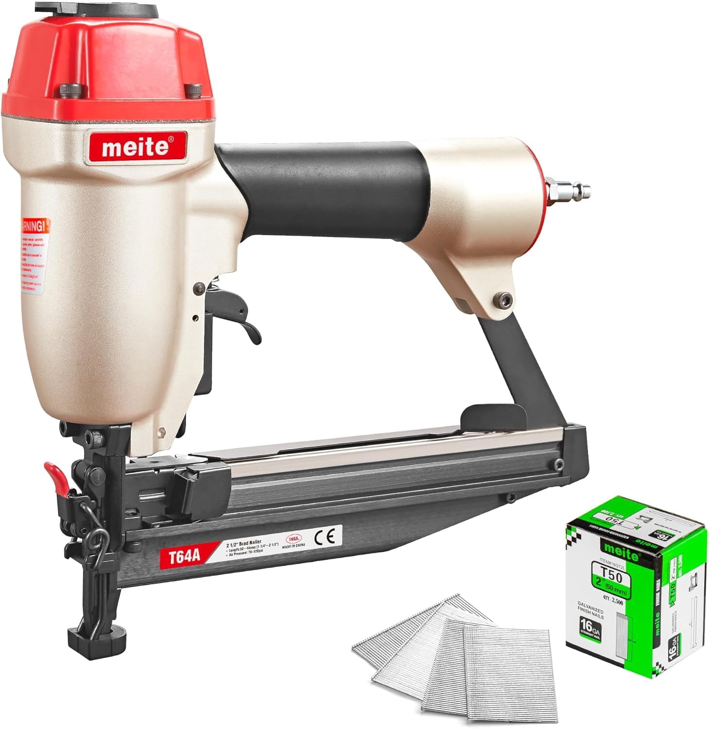 MEITE T64A 16 Gauge Finish Nailer with 2500PCS Nails (2"), Pneumatic Finish Nail Gun, Fits 16 Gauge Finish Nails 1-1/4" up to 2-1/2", Lightweight Air Finishing Nail Gun for Woodworking