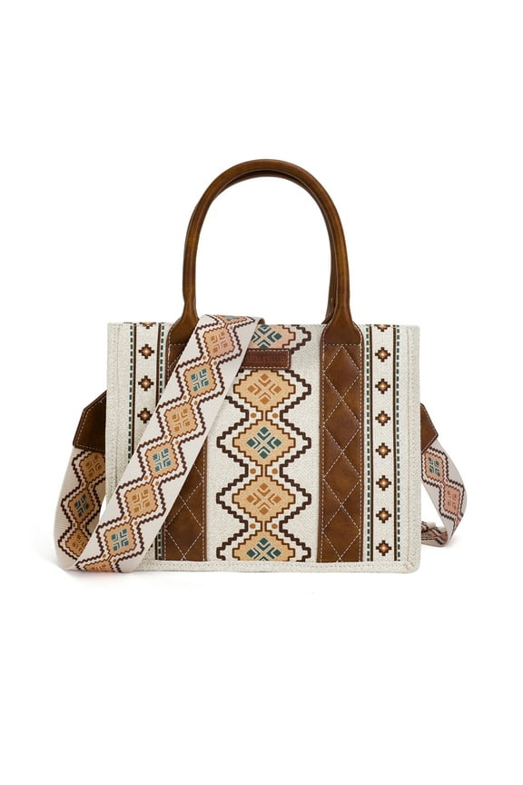 Western Boho Tote Bag for Women, Aztec Shoulder Handbag - White B