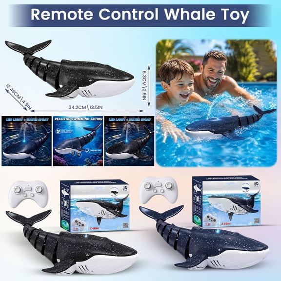 MEIXIAJFA 2.4Ghz Remote Control Shark Toys for Pool, 1:18 Scale High Simulation Electric RC Shark with Light & Spray Water Function for Water Entertainment—Gray