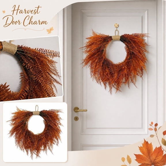 MEIXIAJFA Artificial Fall Fern Wreath 22INCHES 1PCS, Autumn Harvest Thanksgiving Brown Fern Leaf Front Door Wreath with Jute Hanger for Farmhouse Entryway Wall Decor
