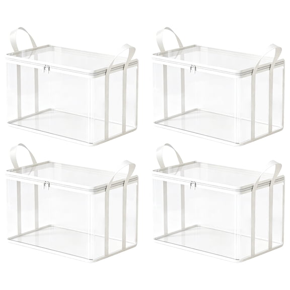 MEIXIAJFA Clear PVC Clothes Storage Bin with Double Zippers & Carry Handles 4pcs, Foldable Closet Organizer Container for Blanket Sweater Linen Clothing Storage(White/L)