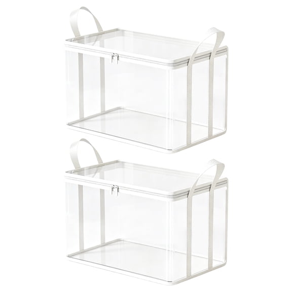 MEIXIAJFA Large Clear Thick Plastic Storage Box with Hinged Lid 2PCS, Foldable Heavy Duty Storage Bags with Reinforced Handles & Zippers for Clothes, Blankets, Books & Moving (White/L)