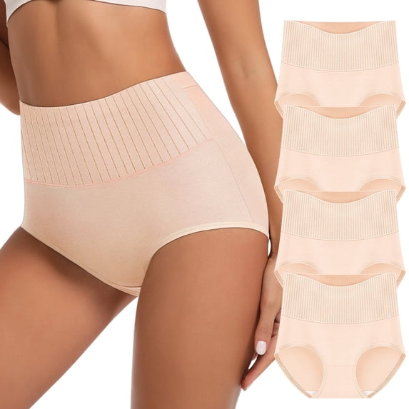 MEIYATING Women's High Waisted Cotton Panties, Tummy Control, Full Coverage, 4-Pack