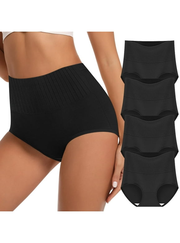 Women's High Waisted Cotton Panties - Tummy Control Full Coverage Underwear 4 Pack