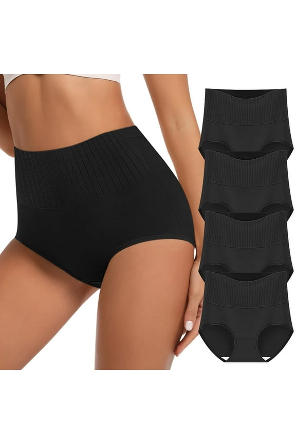 Women's High Waisted Cotton Panties - Tummy Control Full Coverage Underwear 4 Pack