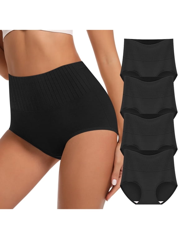 Women's High Waisted Cotton Panties - Tummy Control Full Coverage Underwear 4 Pack