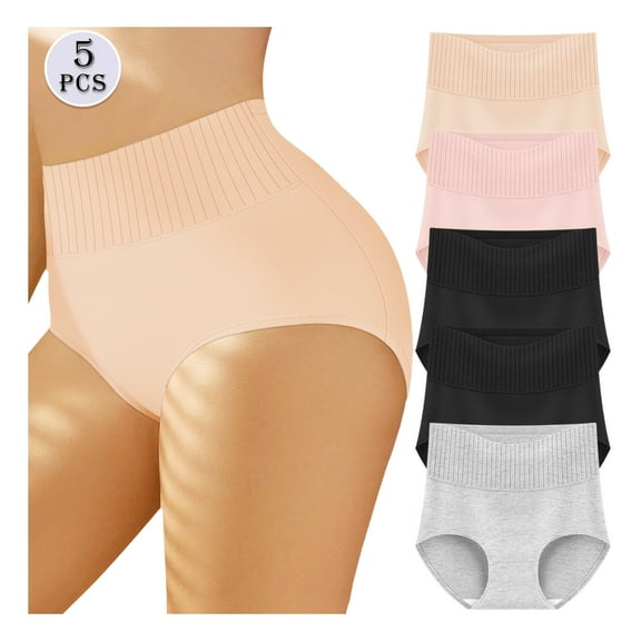 MEIYATING Women's High Waisted Cotton Panties - Tummy Control Full Coverage Underwear 5 Pack