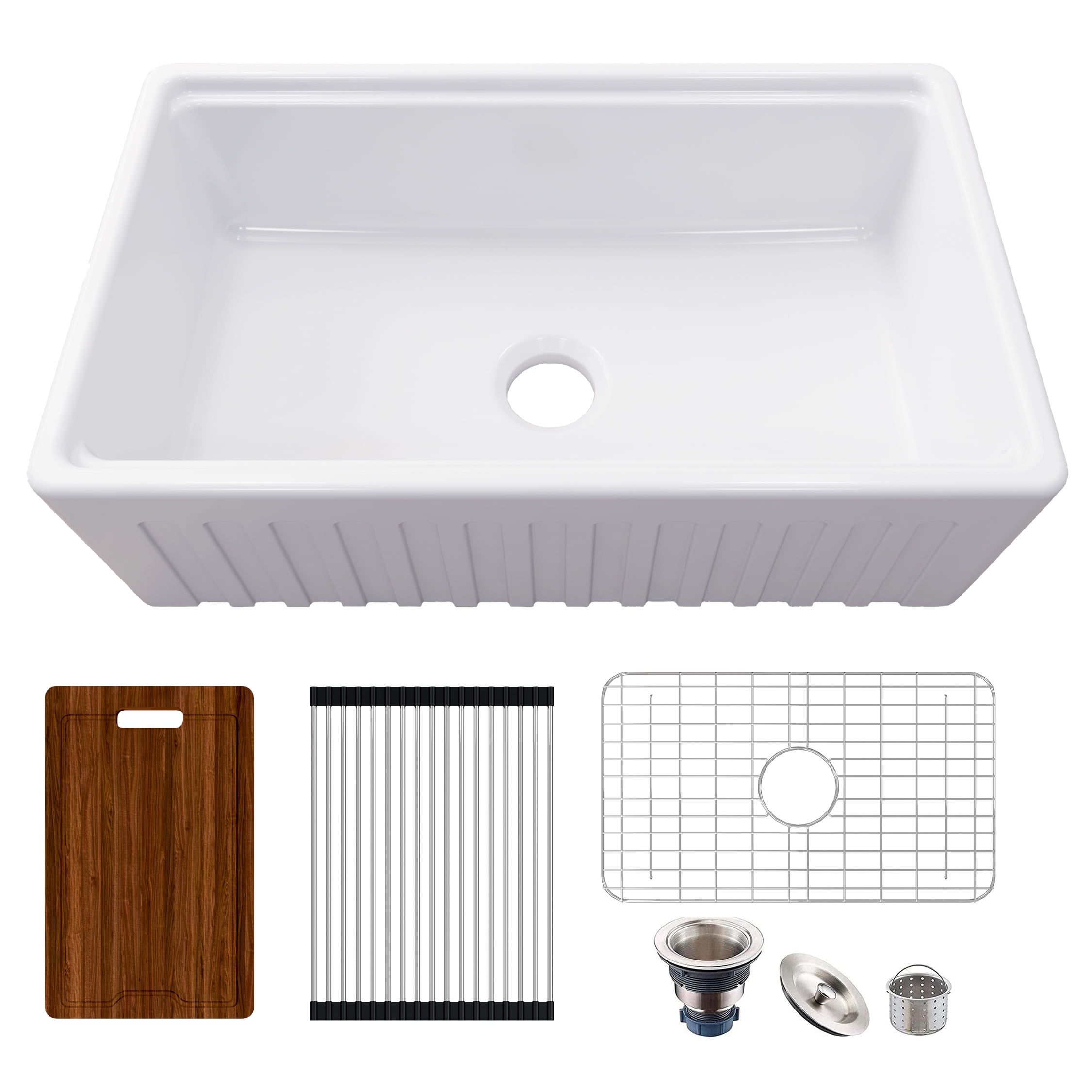 MEJE 33x20 inch Workstation Farmhouse Kitchen Sink ,Ceramic Single Bowl, White, Glossy Finish
