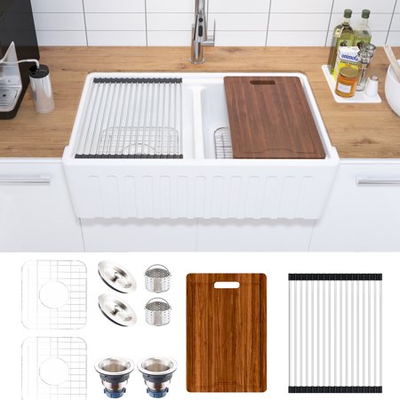 MEJE #KS3320 33x20 inch 50/50 Double Bowl , Ceramic Apron-front Step Rim Workstation Farmhouse Kitchen Sink , with Cutting Board ,Grid & Strainer - White