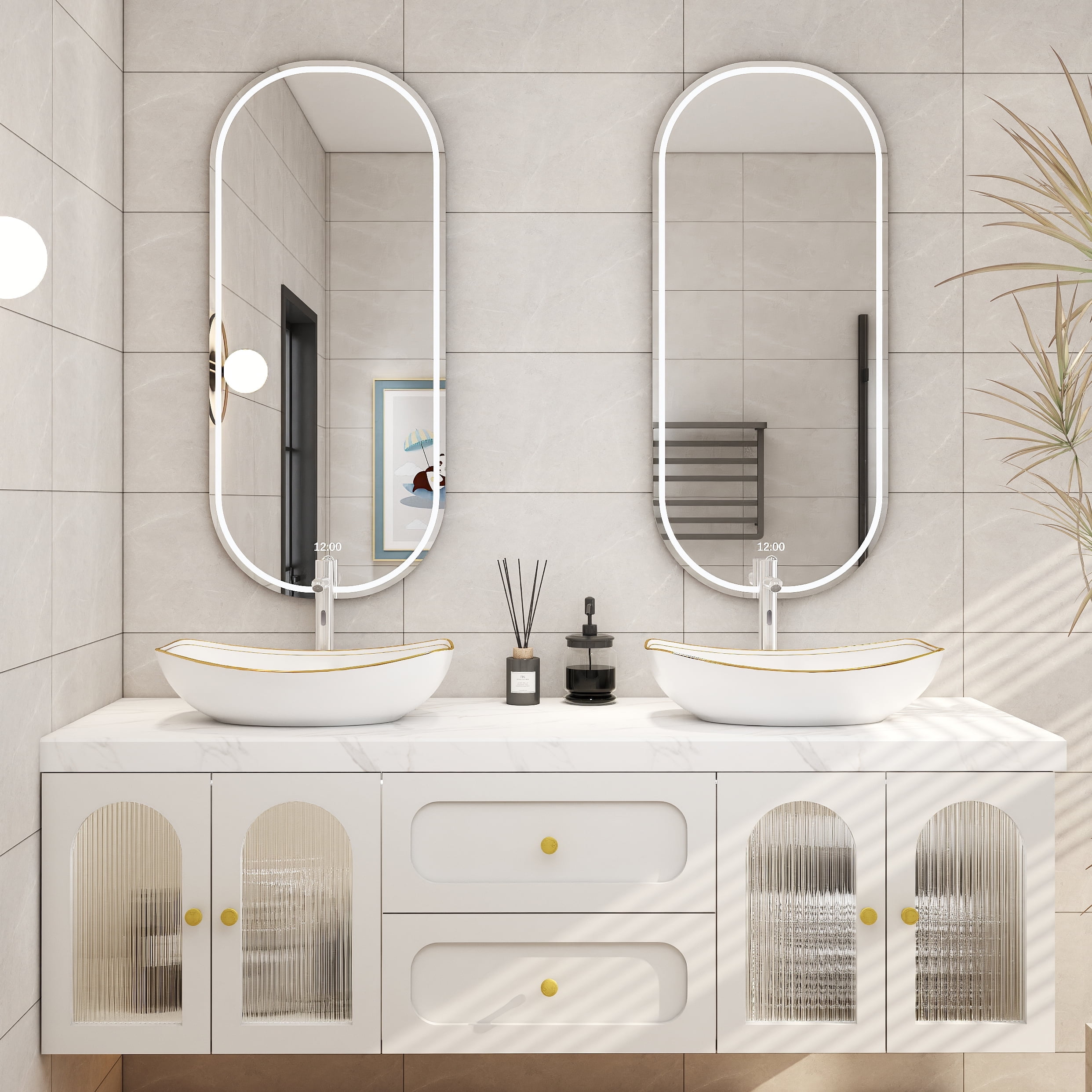 MEJE MJ 602W Luxury Gold Rim Oval Sink , Above Counter Bathroom Sink , Porcelain Vessel Vanity Sink, Art Basin, White
