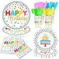 thumbnail image 1 of MEKBOK 140pcs Happy Birthday Disposable Party Supplies Set with Colorful Polka Dots Design- Includes Disposable paper Birthday Plates and Napkins,Cups,Tablecloth, Dots Party Supplies Serves 20 Guest., 1 of 6