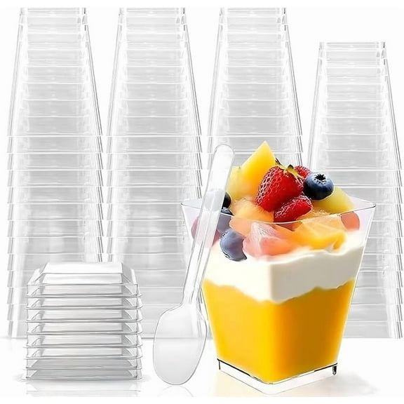 MEKBOK 50 Pack 5 oz Plastic Dessert Cups with Lids and Spoons, Yogurt Parfait Appetizer Cup with Lids for Party, Clear Mini Dessert Shooter Cups for Pudding Fruit Trifle Ice Cream.