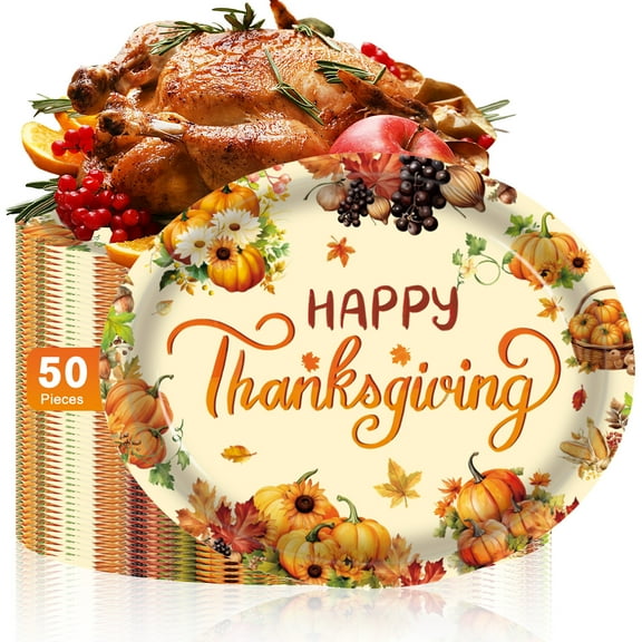 MEKBOK 50 Pack Oval Thanksgiving Plates 12 x 10 Inch Thanksgiving Paper Plates Heavy Duty - Large Disposable Dinner Platters,Turkey Pumpkin Autumn Fall Harvest Thanksgiving Party Decor