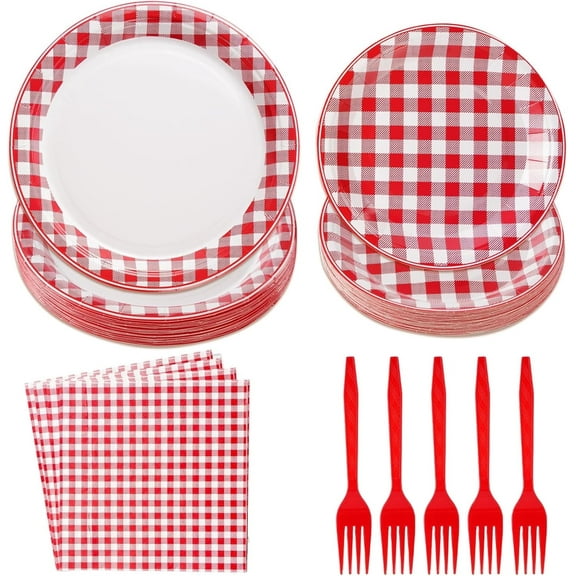 MEKBOK 96Pcs Red & White Gingham Picnic Party Plates Disposable Paper Tableware Set for Picnic Birthday Party Family Dinner BBQ .