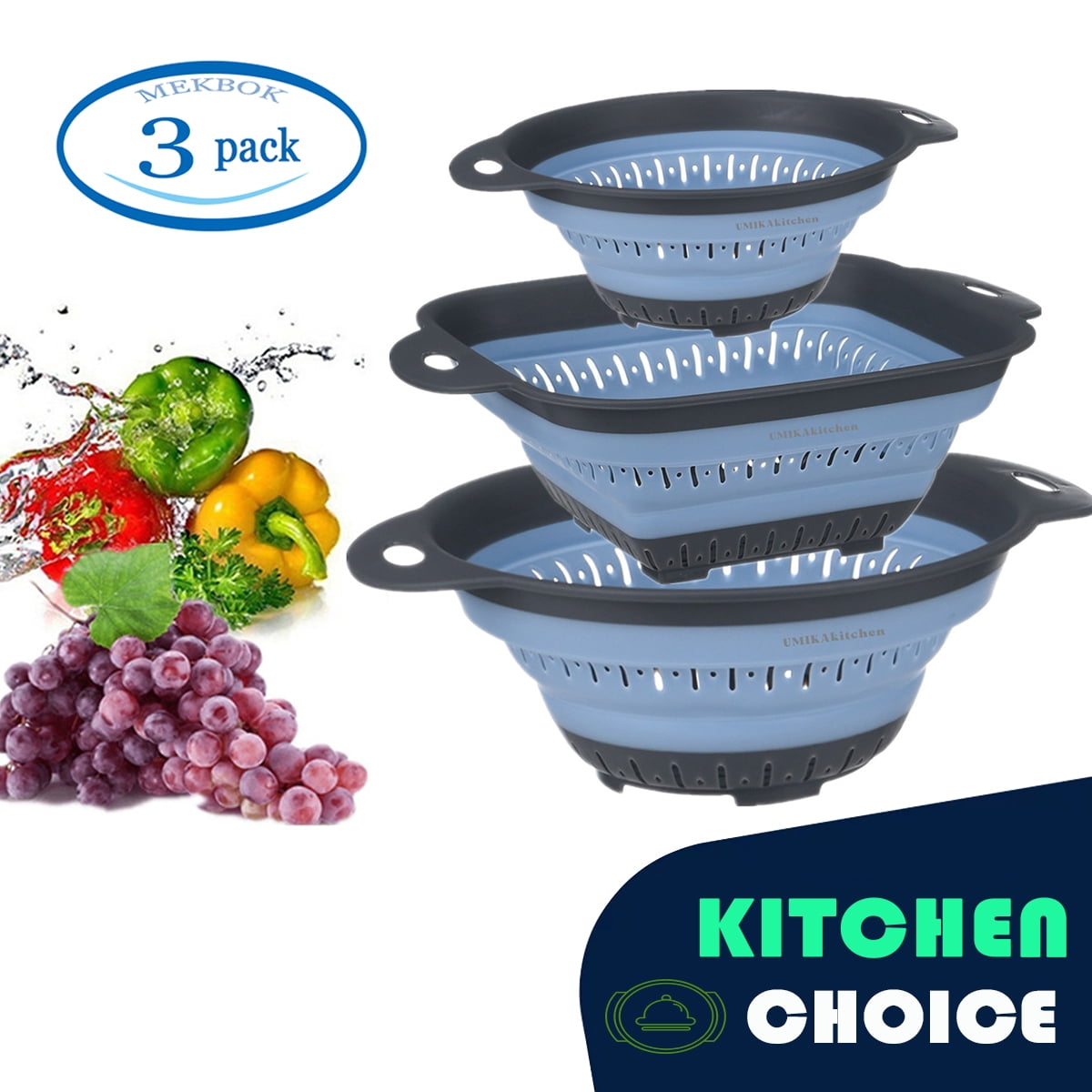 MEKBOK silicone collapsible colander 3piece set, dishwasher safe