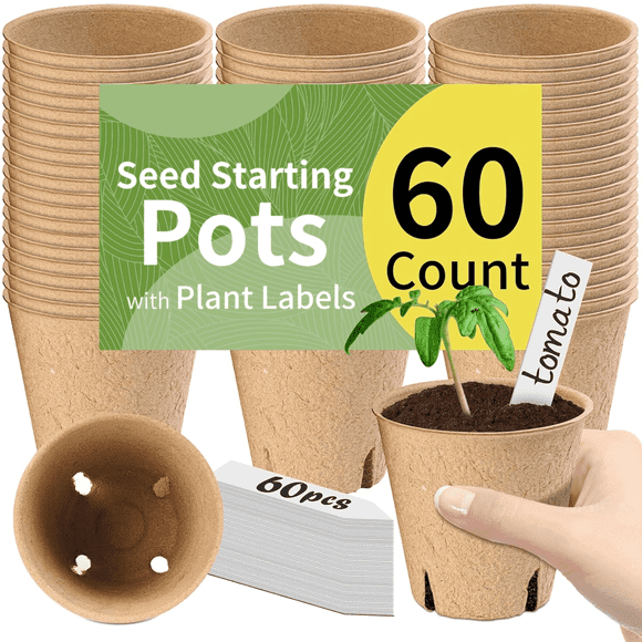 MEKBOK 60Pcs 3.1” Peat Pots with 60Pcs Plant Labels, Biodegradable Pots for Seedlings with Drainage Holes,  Plant Nursery Pots Seed Starting Trays.