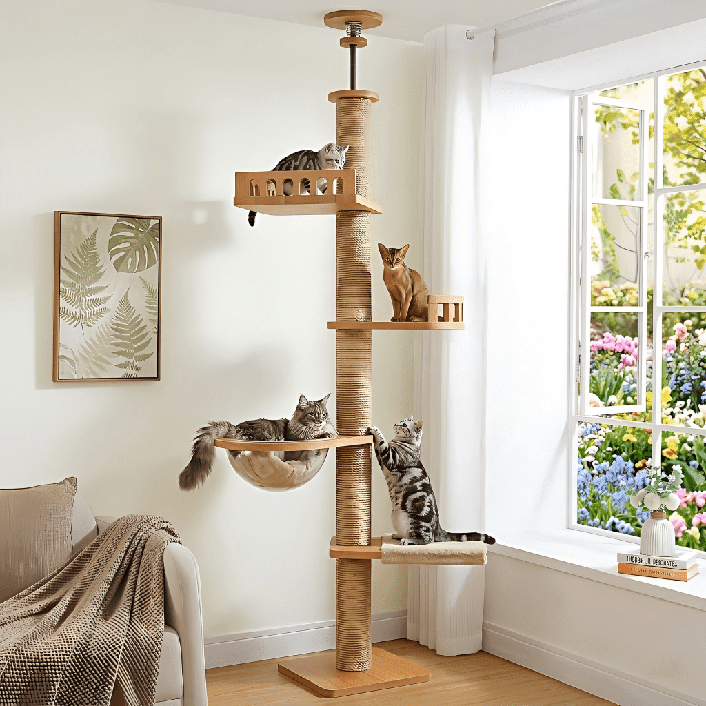 Mekidulu 9ft Floor to Ceiling Wood Cat Tree, 95"-108" Adjustable Height Tower with 4.3" Thick Posts, Brown