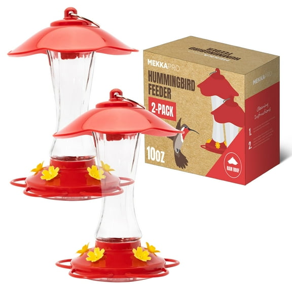 MEKKAPRO Hummingbird Feeders for Outdoors Glass - Red Hummingbird Feeders for Outdoors, Metal Ring, Bee-Proof Design, Easy Assembly, - Red Hummingbird Feeder 10 oz (2-Pack)