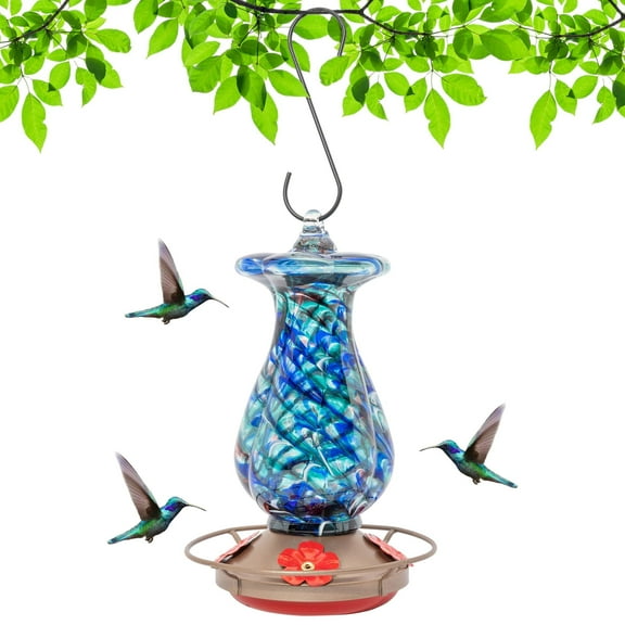 MEKKAPRO Outdoor Hummingbird Feeder Made from Glass, Hanging 4 Nectar Feeding Stations, Backyard Feeder, Flower (Blue)