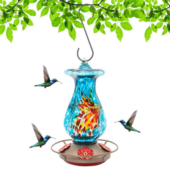 MEKKAPRO Outdoor Hummingbird Feeder Made from Glass, Hanging 4 Nectar Feeding Stations, Backyard Feeder, Flower (Sky Blue)