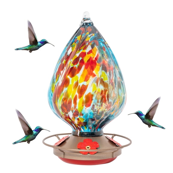 MEKKAPRO Glass Hummingbird Feeders for Outdoors 45oz, Decorative Feeder with Blown Glass Design for Outdoors Hanging and Backyard, Easy Fill with 4 nectar Feeding Flowers (Sky Blue)