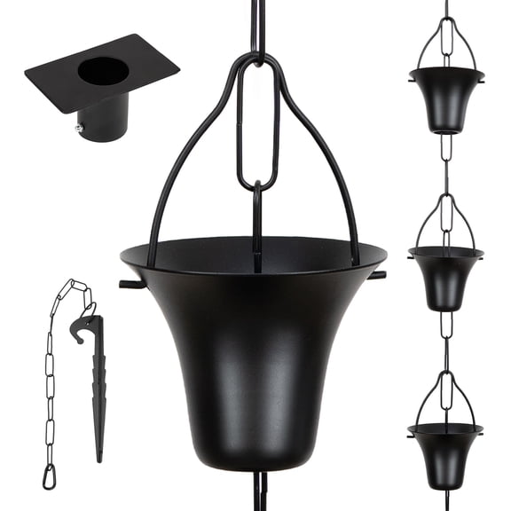 MEKKAPRO Rain Chains for Gutters for Heavy Rainfall 8.5ft 12-Cup Matte Black Iron, Adapter & Anchor Stake Included, Gutter Chain Downspout Decorative Rain Catcher Chain for Outside, Bucket Cup
