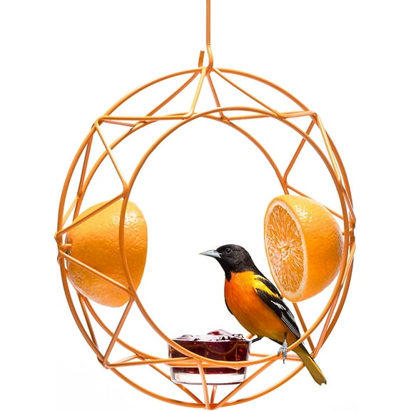 MEKKAPRO Sun Oriole Feeder for Outdoors, Jelly and Orange Metal Bird Feeder, Unique Sun Design and Bright Color, Open Top Hook, UV-Resistant Powder-Coated Steel