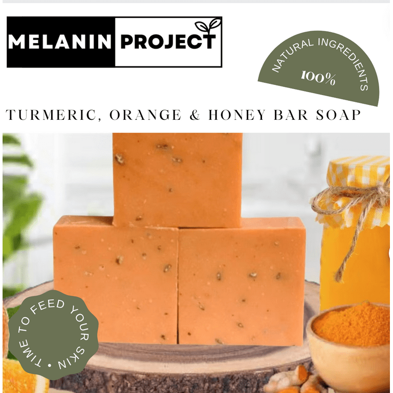 MELANIN PROJECT Organic Turmeric Soap for Skin Dark Spots Acne Turmeric Soap For Men Women. INFUSED WITH TURMERIC ORANGE HONEY. CONTAINS