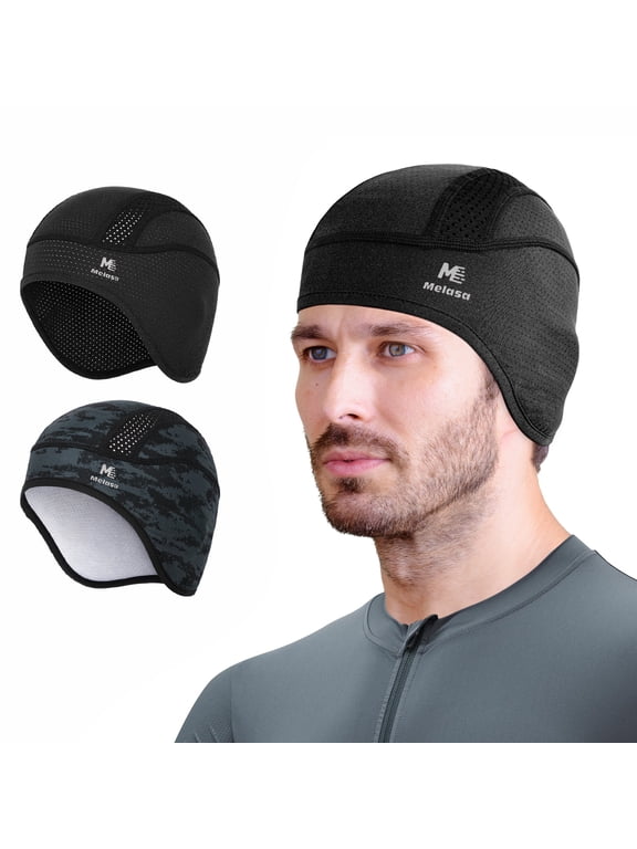 2 Pack Men Skull Cap with Ears Flaps, Moisture Wicking Sweat Liner for Cycling Running