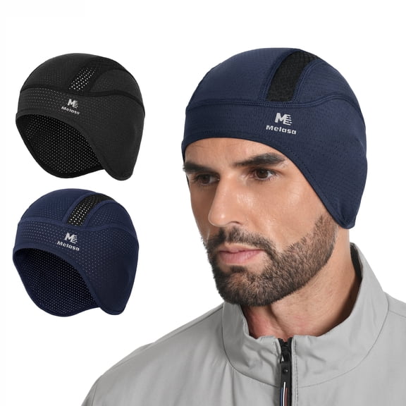 MELASA 2 Pack Men Skull Cap with Ears Flaps, Moisture Wicking Sweat Liner for Cycling Running