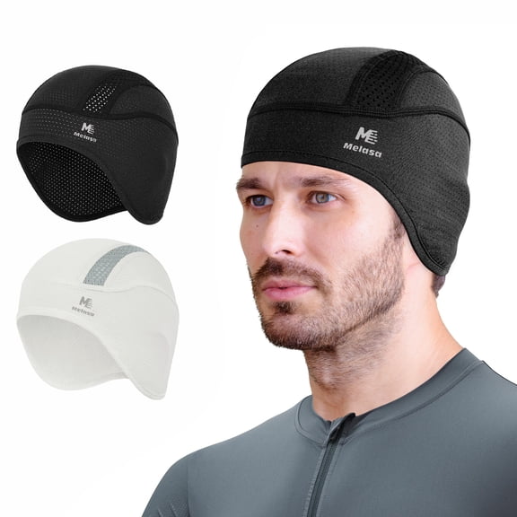 MELASA 2 Pack Men Skull Cap with Ears Flaps, Moisture Wicking Sweat Liner for Cycling Running