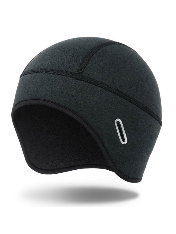 Winter Skull Cap, Fleece Lined Helmet Liner Warm Cycling Cap with Glasses Holes, Thermal Hat Beanie for Men Women (Black)
